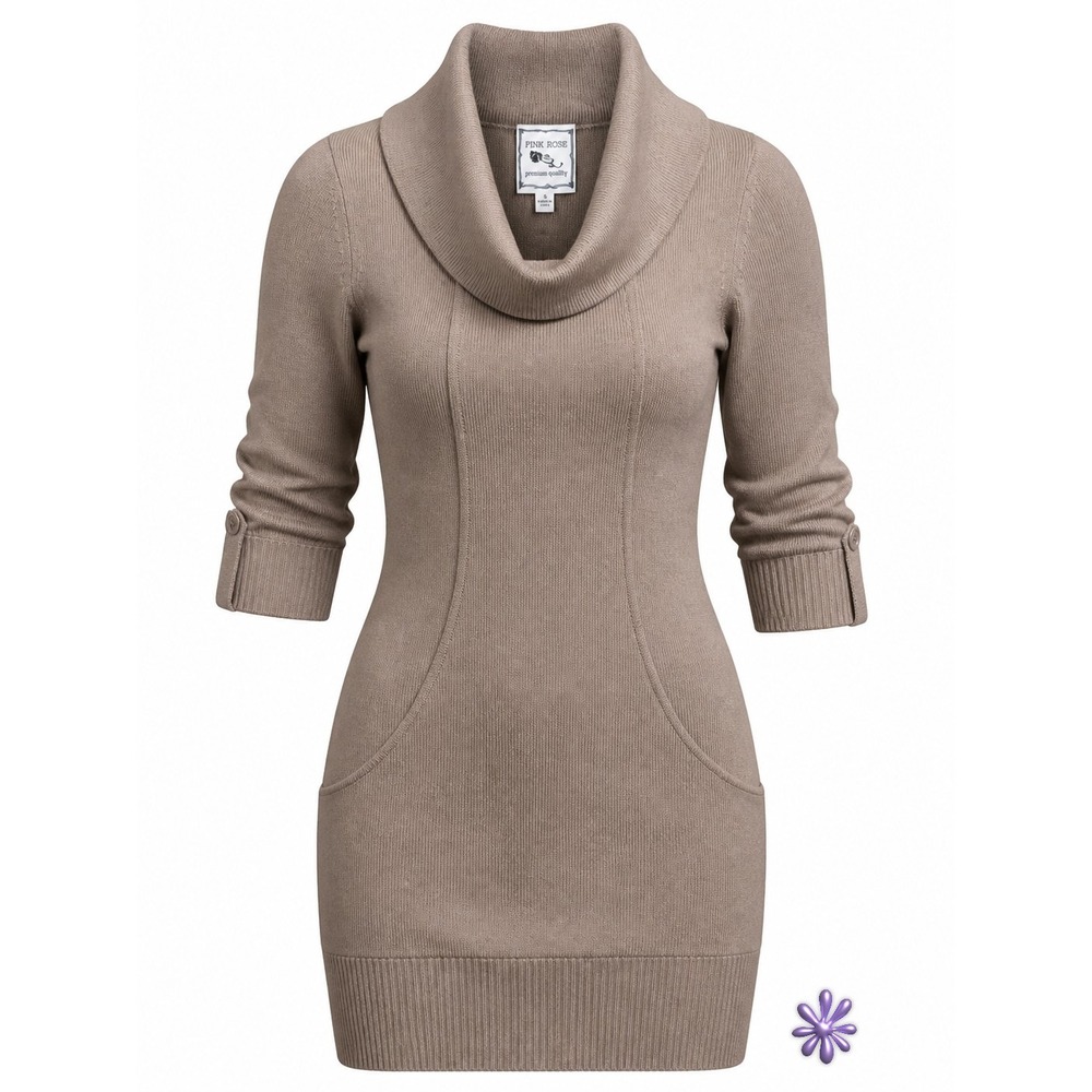 NWOT Pink Rose Knit Sweater Dress Taupe Cowl‎ Neck Pockets 3/4 Sleeve MEDIUM